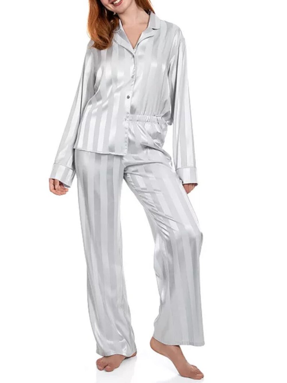 Lilac & London Satin Notch Collar Pajama Top & Pants Bottom 2pc Set Silver XL